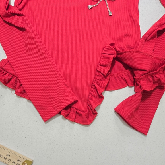 SHEIN Red Ruffle Trim Blouse with Bow Accents Size M - Picture 7 of 9